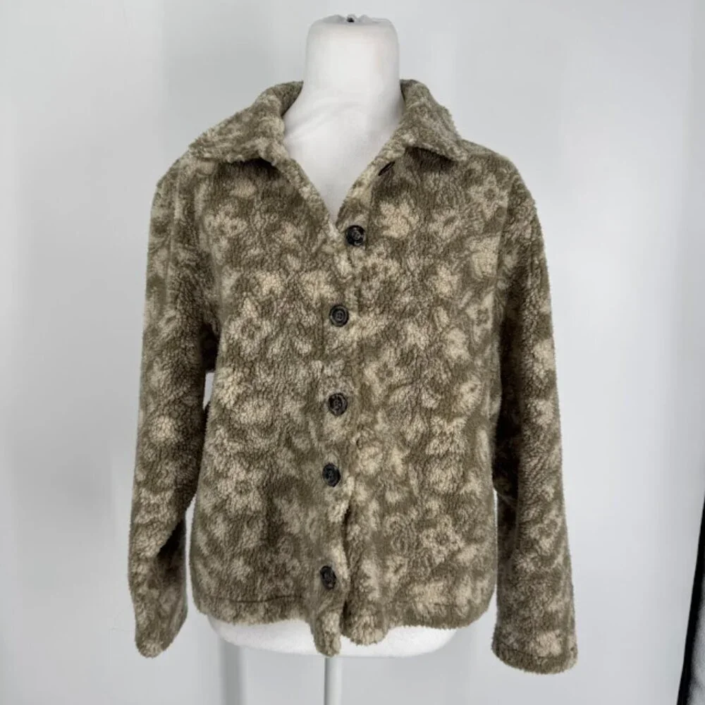 L.L. Bean Floral Sherpa Fleece Button-Front Jacket Size Medium